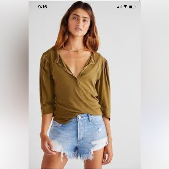 We the free snow drop Henley in olive green short sleeve cotton Medium - Picture 3 of 10